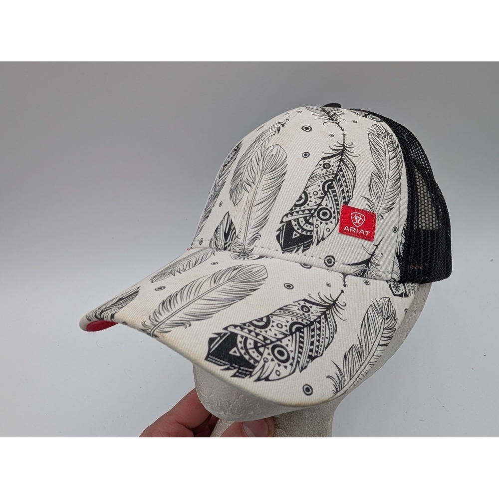 Ariat Mens Feather Print Trucker Hat White Black Snapback Mesh Cap